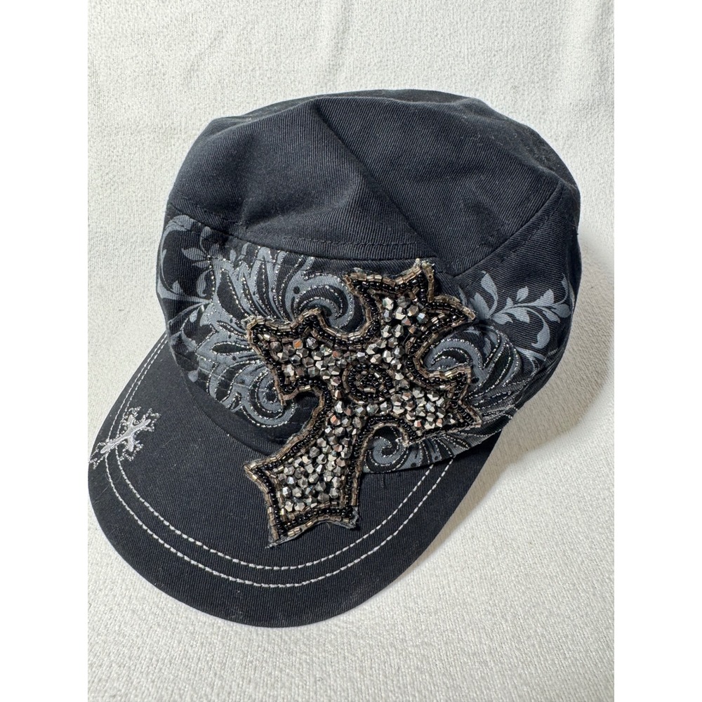 Olive & Pique Black Beaded Cross Cadet Hat Floral Filigree Military Cap